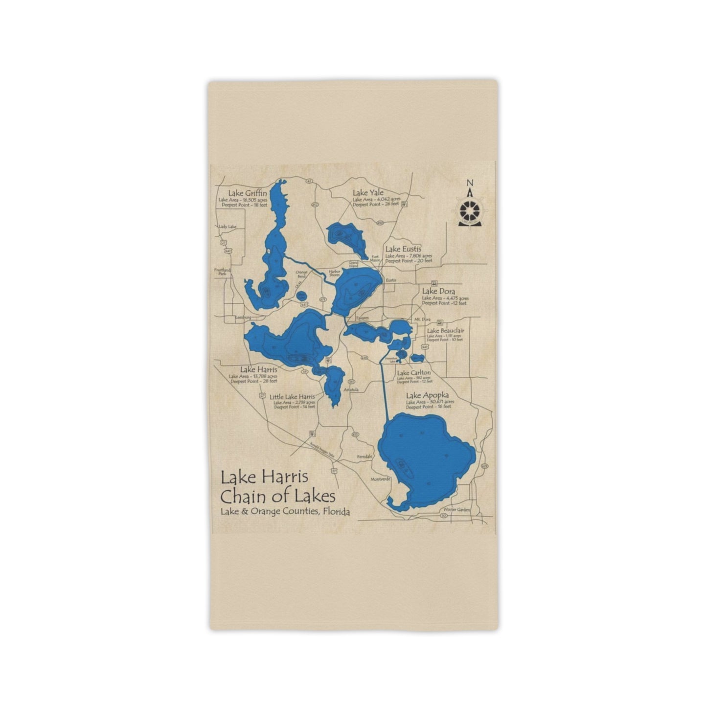 Lake Harris Chain of Lakes Beach Towel — Vintage Map Design, Lake & Orange Counties, Florida