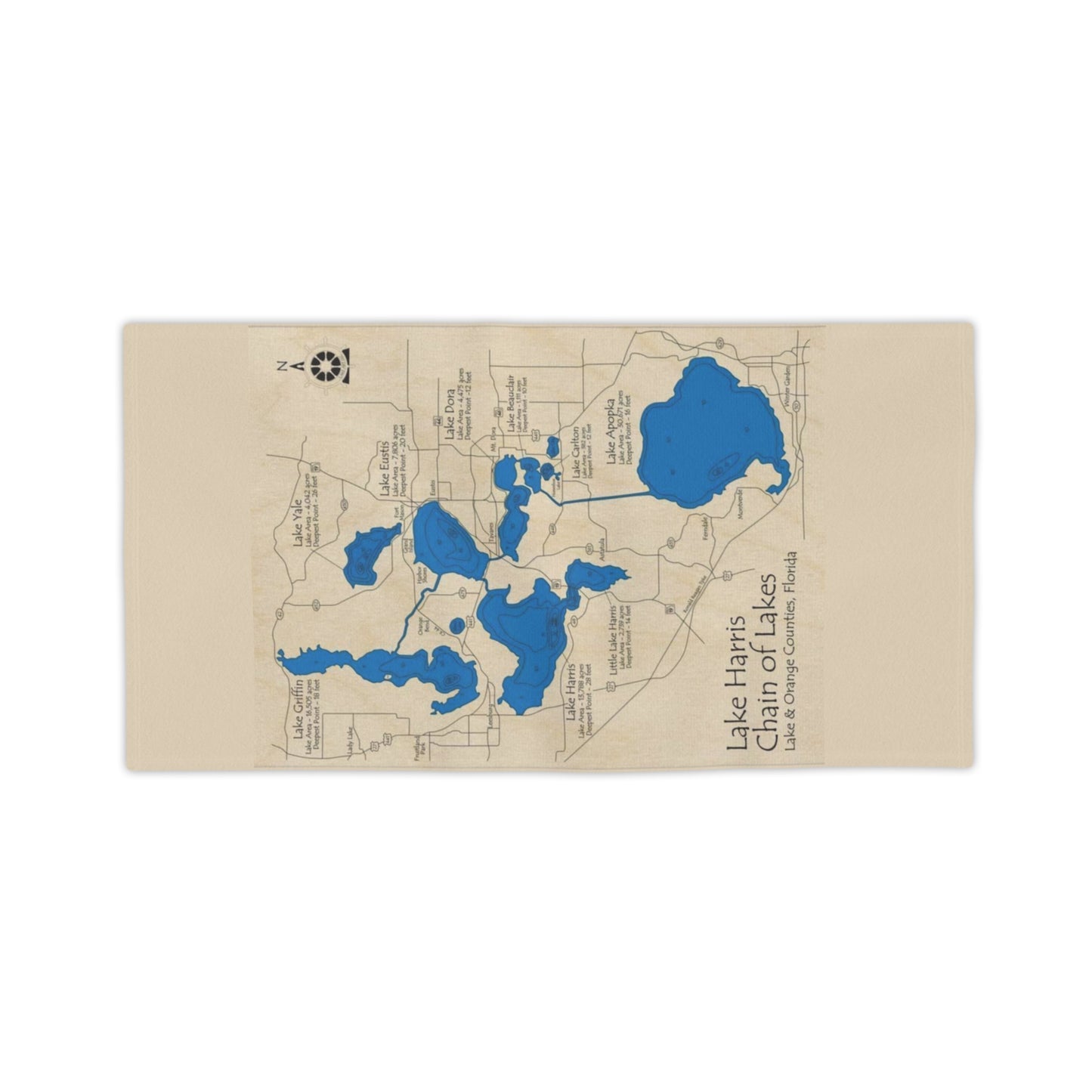 Lake Harris Chain of Lakes Beach Towel — Vintage Map Design, Lake & Orange Counties, Florida
