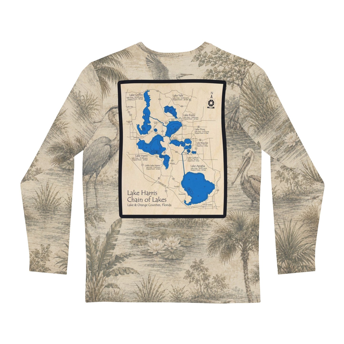 Copy of Lake Harris Chain of Lakes Long Sleeve Shirt  High Quality— Vintage Map Water-Print Tee White Unisex
