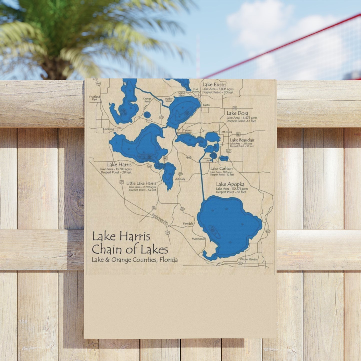 Lake Harris Chain of Lakes Beach Towel — Vintage Map Design, Lake & Orange Counties, Florida