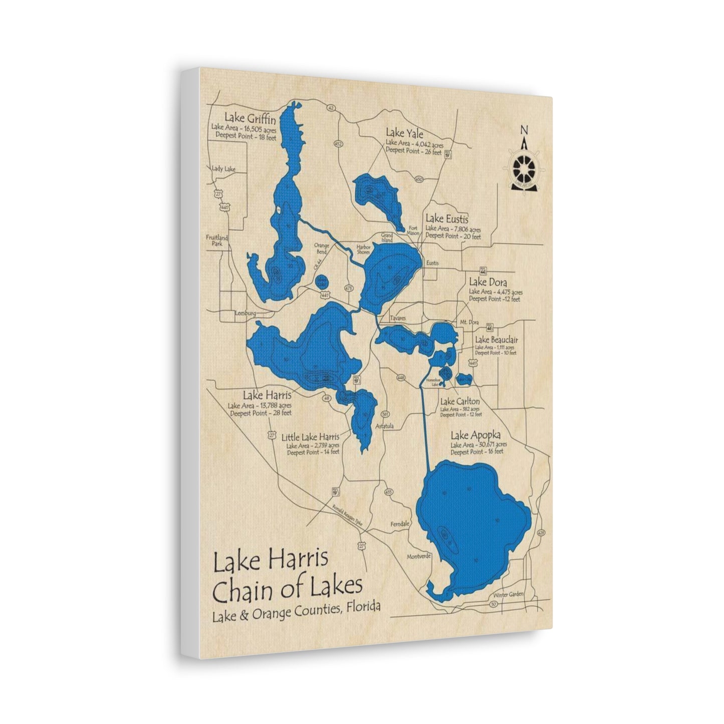Harris Chain of Lakes Canvas Map – Classic Florida Lake Map Wall Art