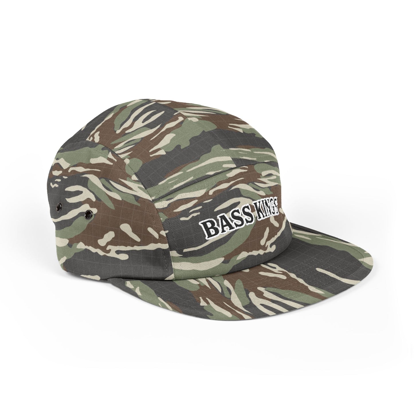 Camo Bass Kings Embroidered 5-Panel Cap — Fishing Hat with Fish Back Logo