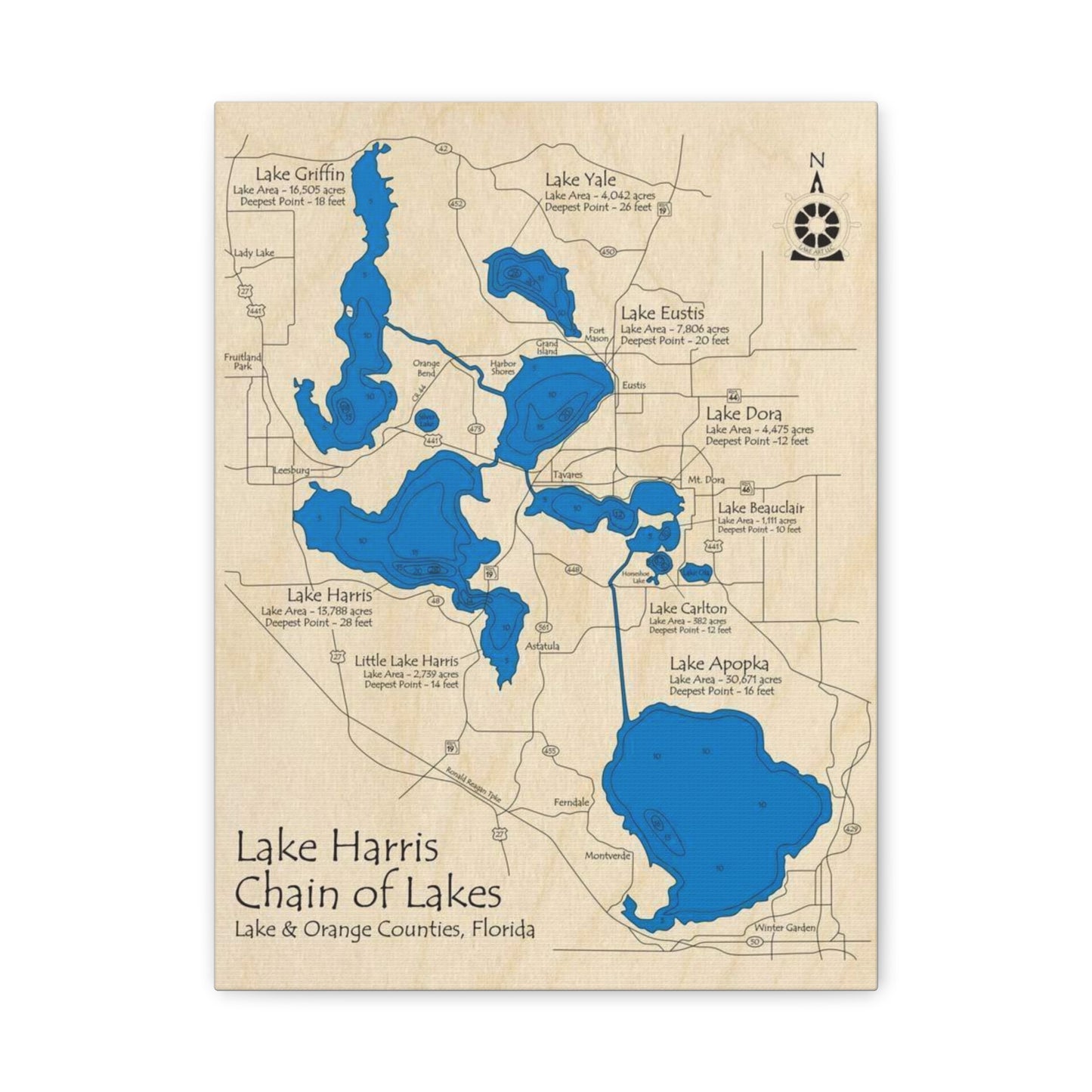 Harris Chain of Lakes Canvas Map – Classic Florida Lake Map Wall Art
