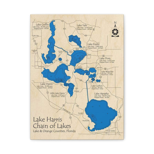 Harris Chain of Lakes Canvas Map – Classic Florida Lake Map Wall Art