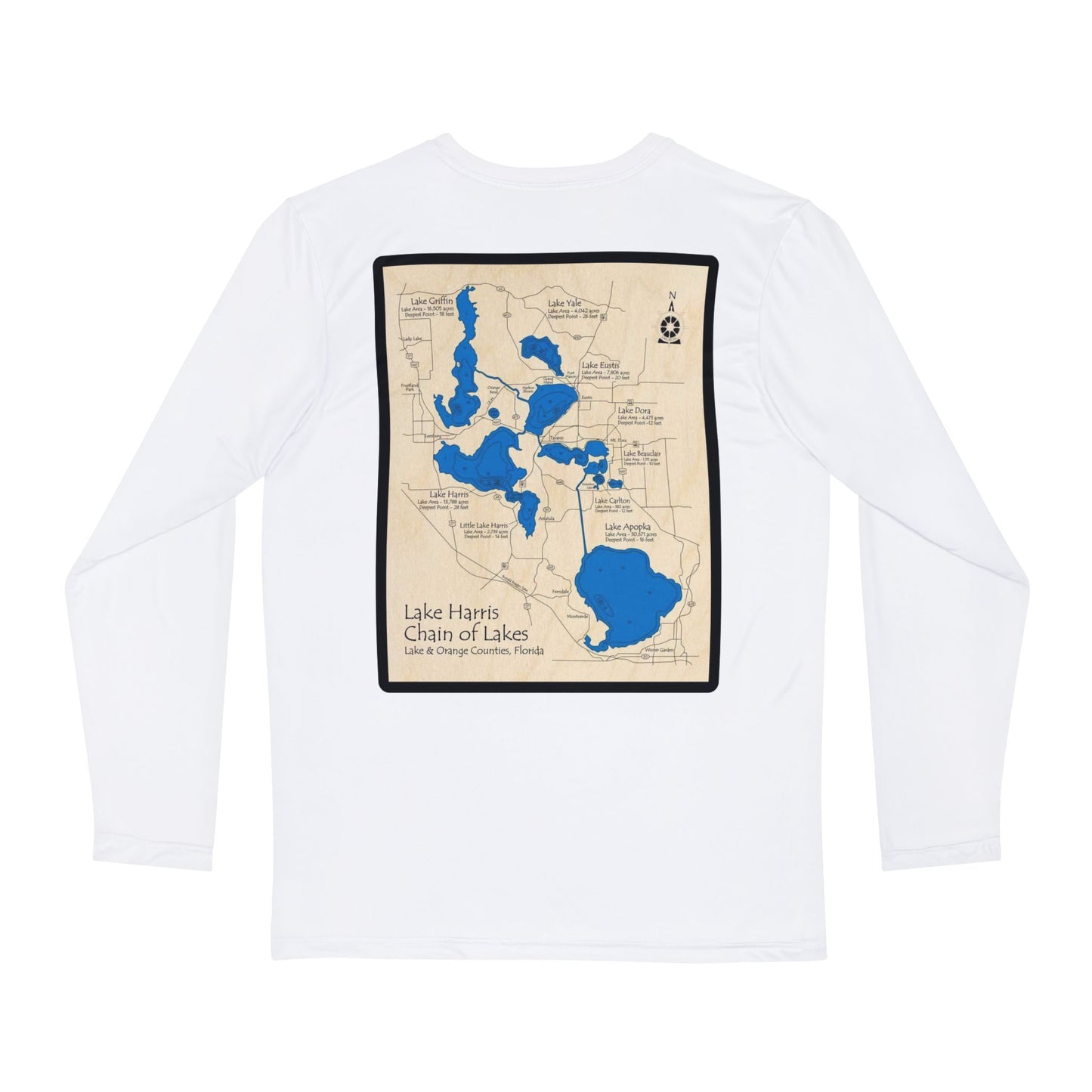 Lake Harris Chain of Lakes Long Sleeve Shirt  High Quality— Vintage Map Water-Print Tee White Unisex