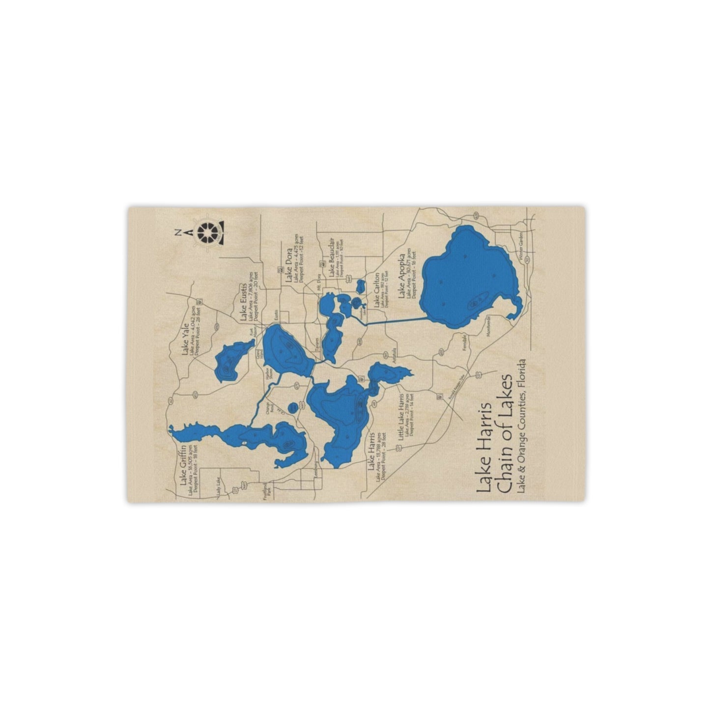Lake Harris Chain of Lakes Beach Towel — Vintage Map Design, Lake & Orange Counties, Florida