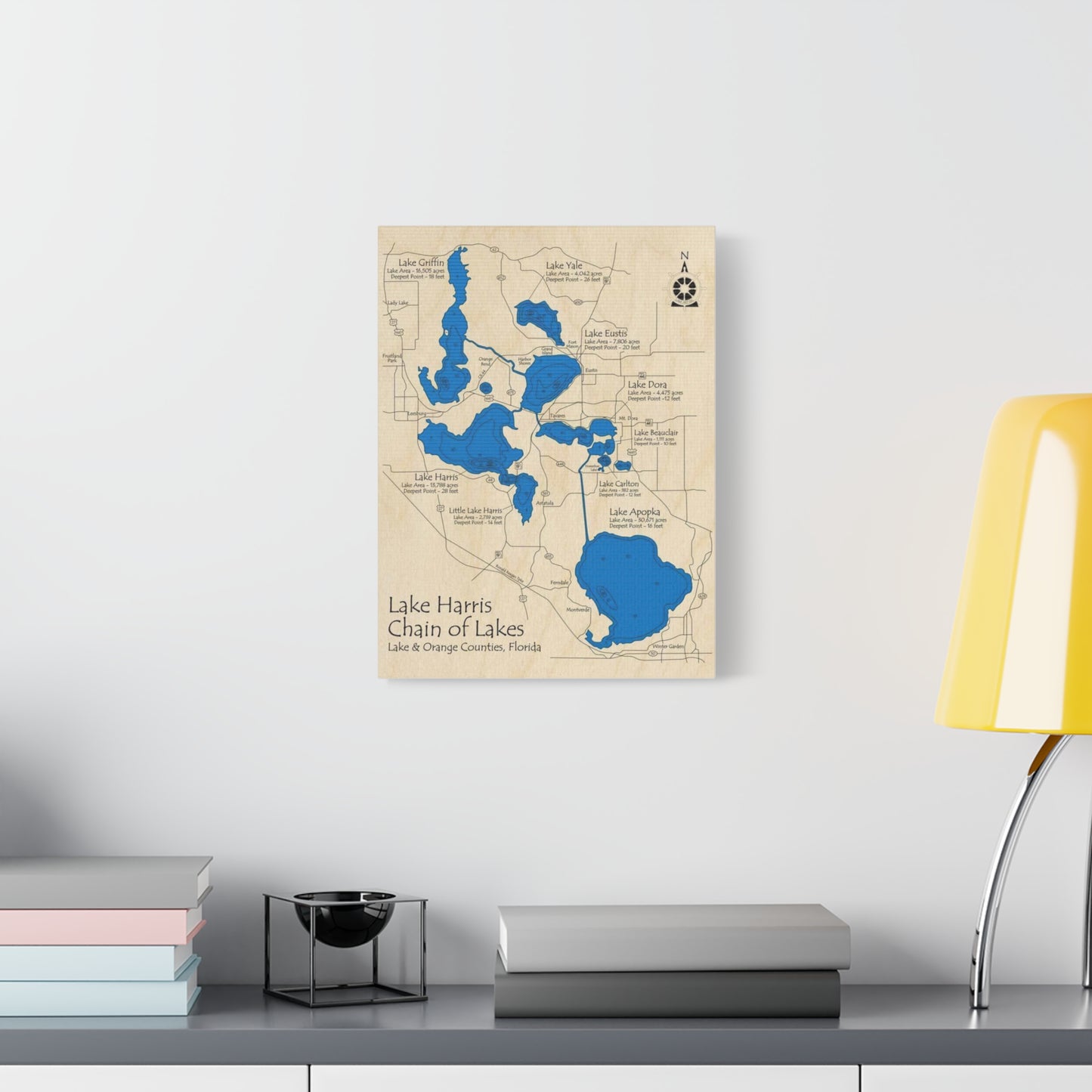 Harris Chain of Lakes Canvas Map – Classic Florida Lake Map Wall Art
