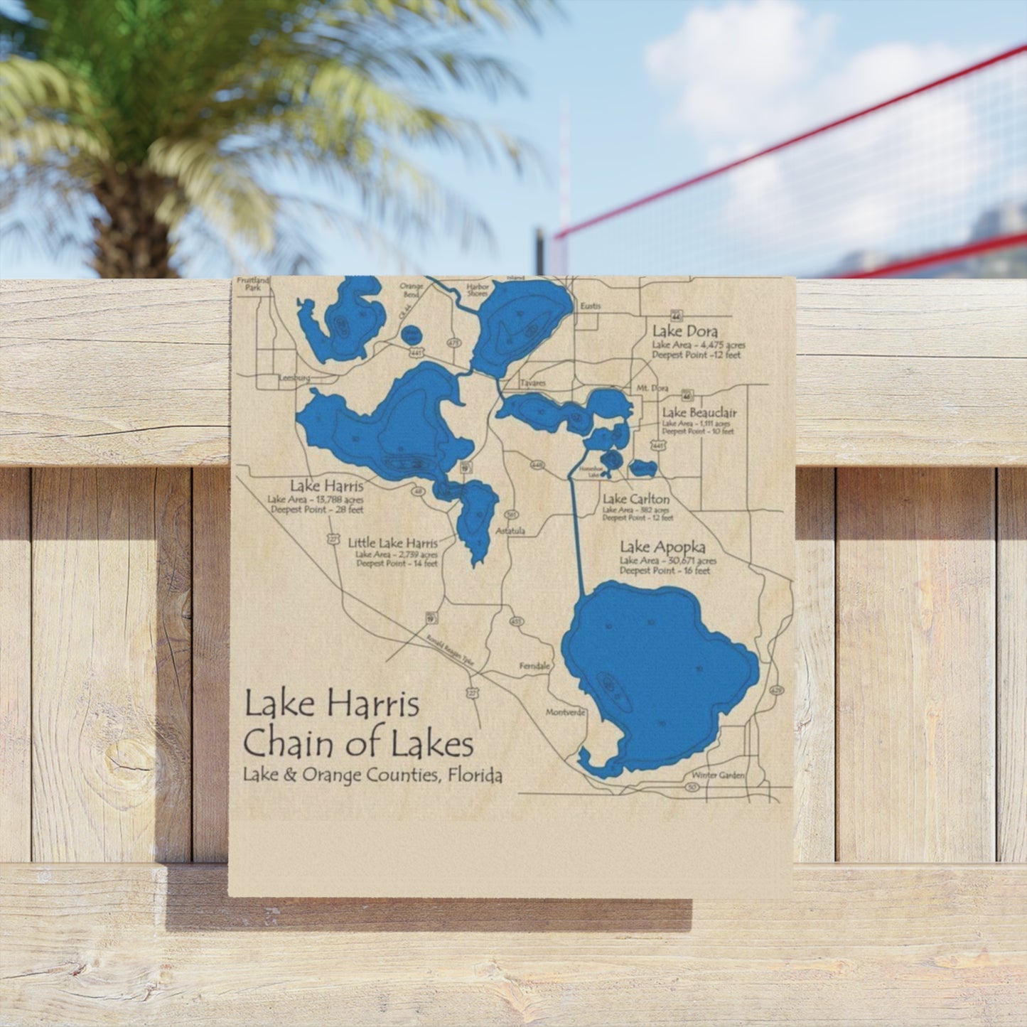 Lake Harris Chain of Lakes Beach Towel — Vintage Map Design, Lake & Orange Counties, Florida