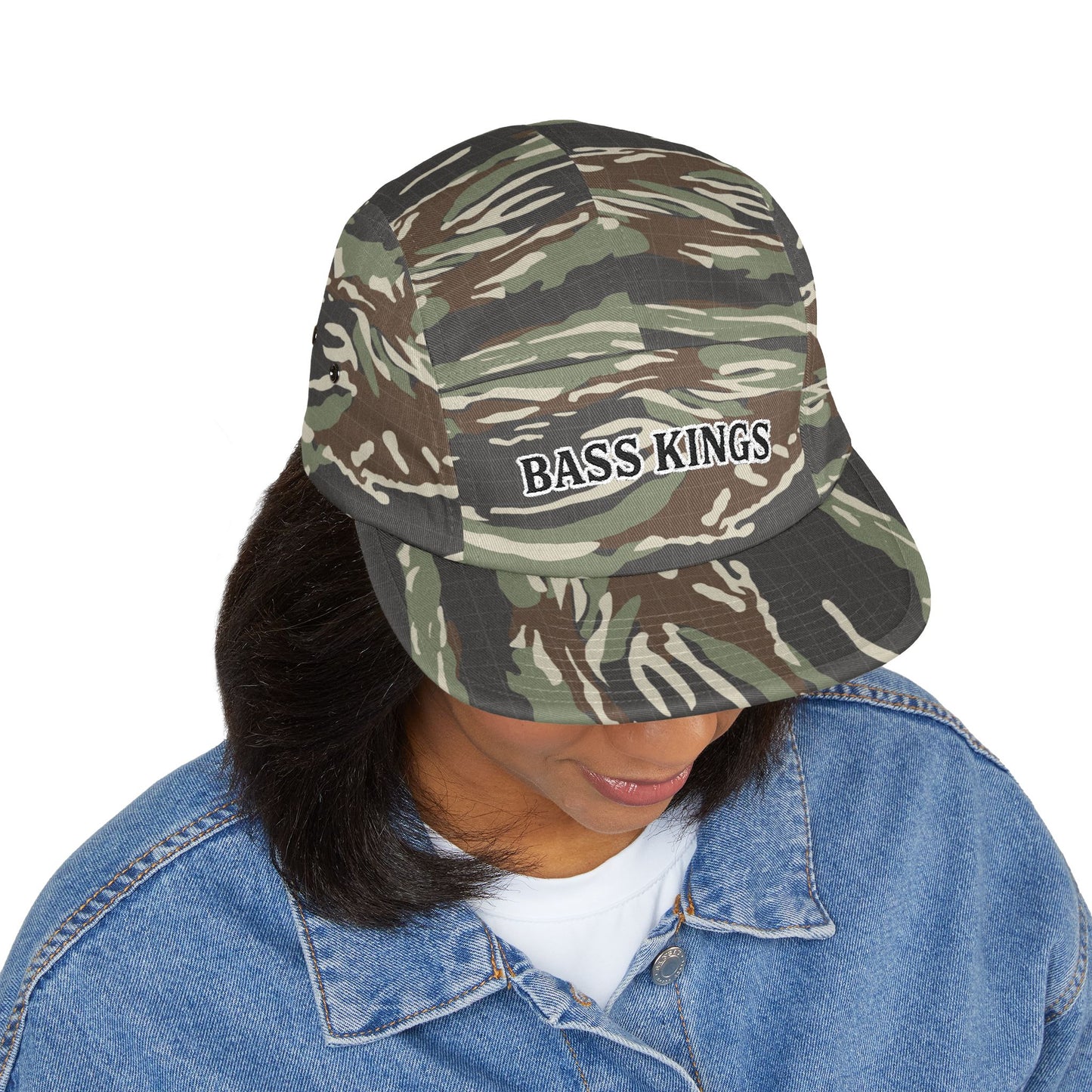 Camo Bass Kings Embroidered 5-Panel Cap — Fishing Hat with Fish Back Logo