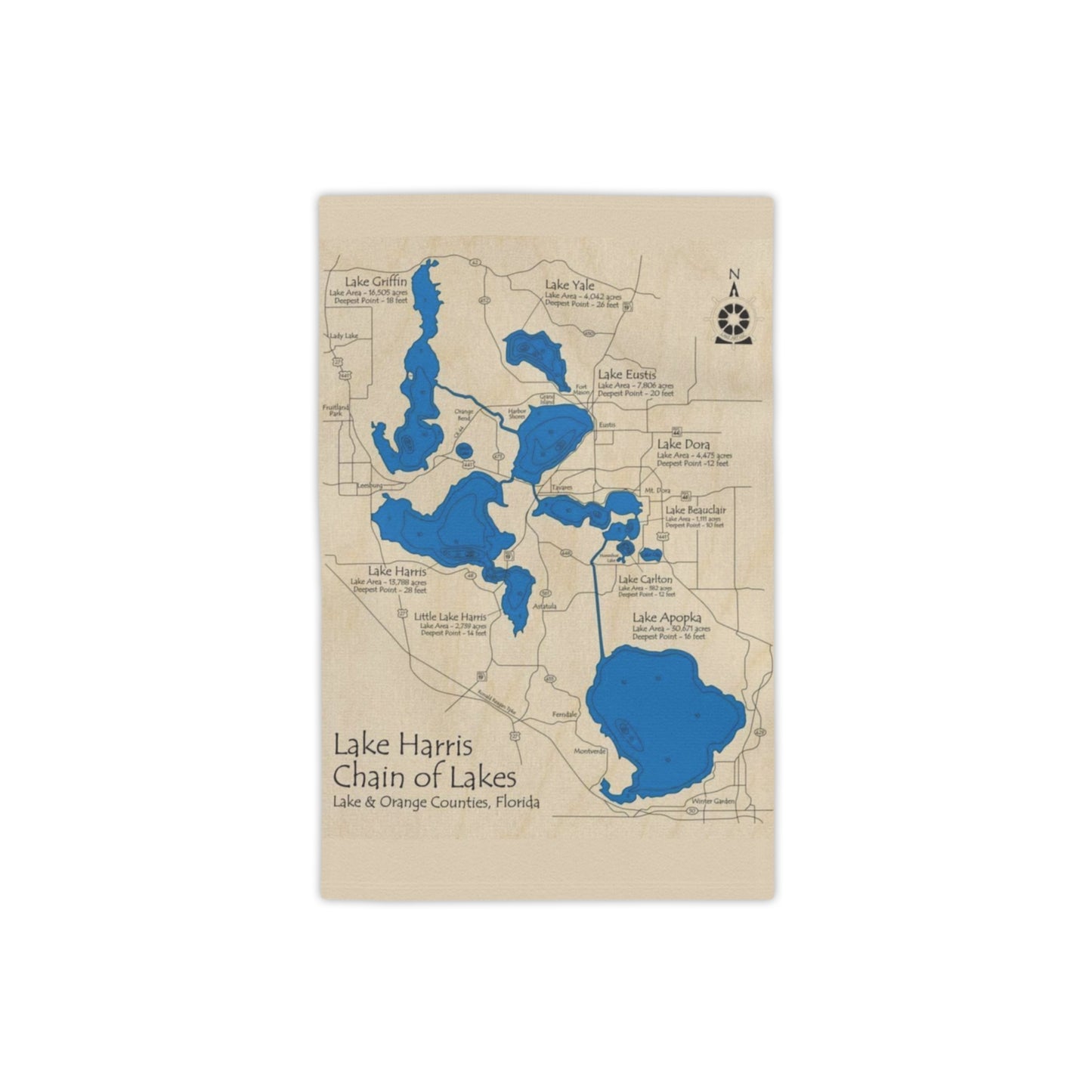 Lake Harris Chain of Lakes Beach Towel — Vintage Map Design, Lake & Orange Counties, Florida