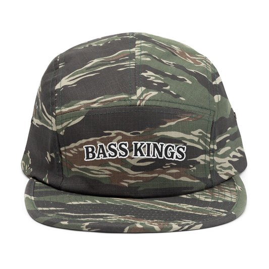 Camo Bass Kings Embroidered 5-Panel Cap — Fishing Hat with Fish Back Logo