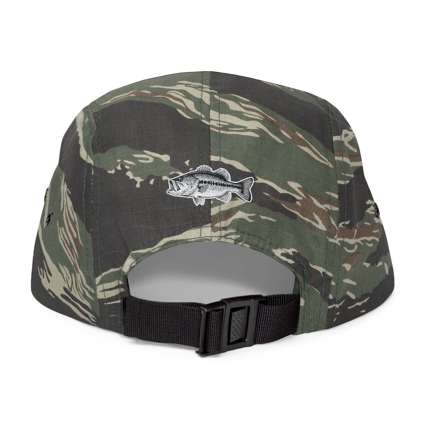 Camo Bass Kings Embroidered 5-Panel Cap — Fishing Hat with Fish Back Logo
