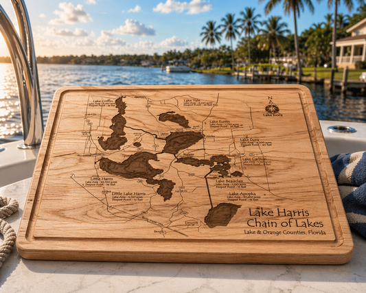 Custom 'Harris Chain of Lakes' Wooden Serving/Chopping Board -Engraved Lake Map Cutting Board