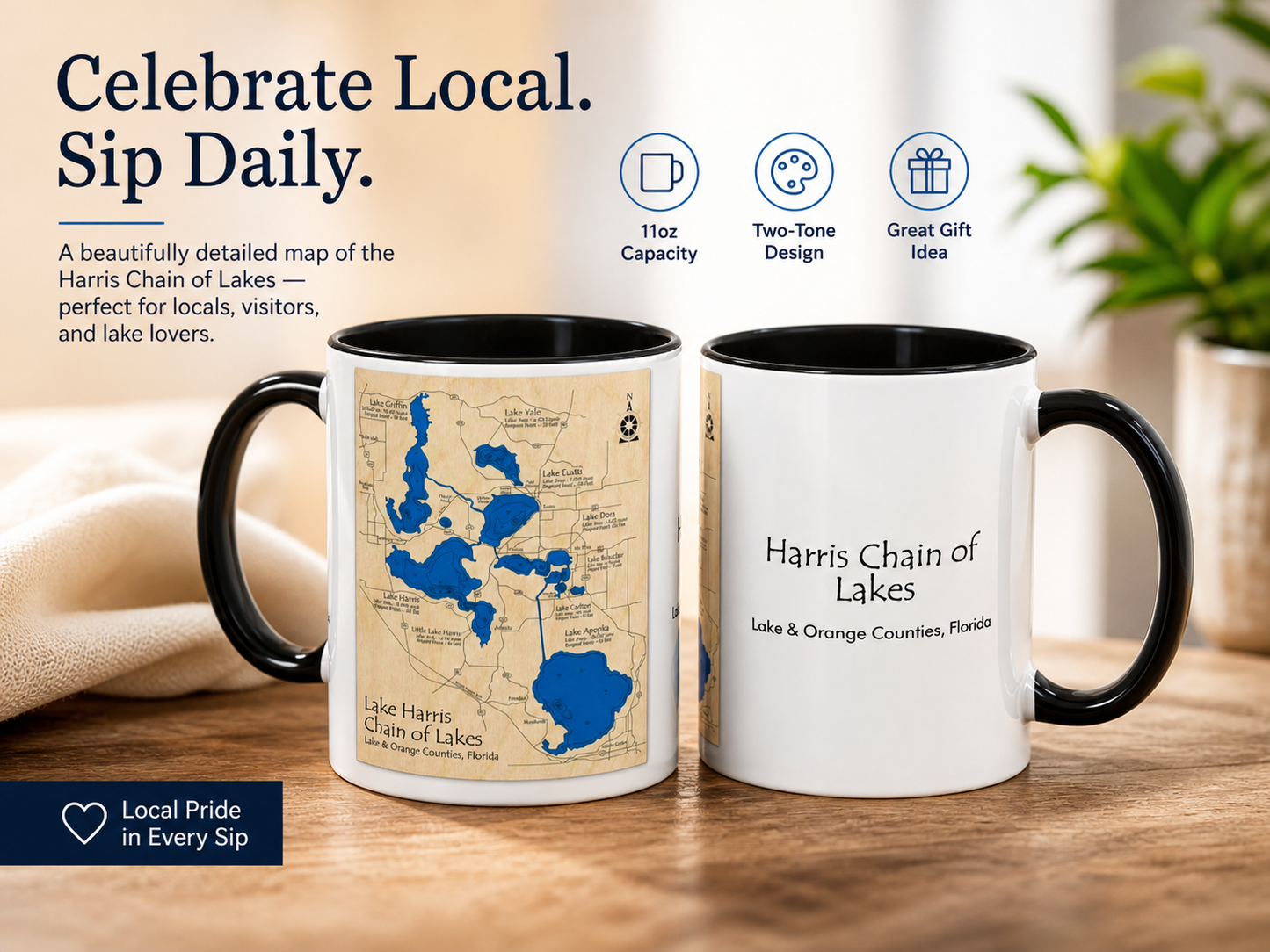 Harris Chain of Lakes Coffee Mug – Vintage Lake Map Accent Mug (11/15oz)