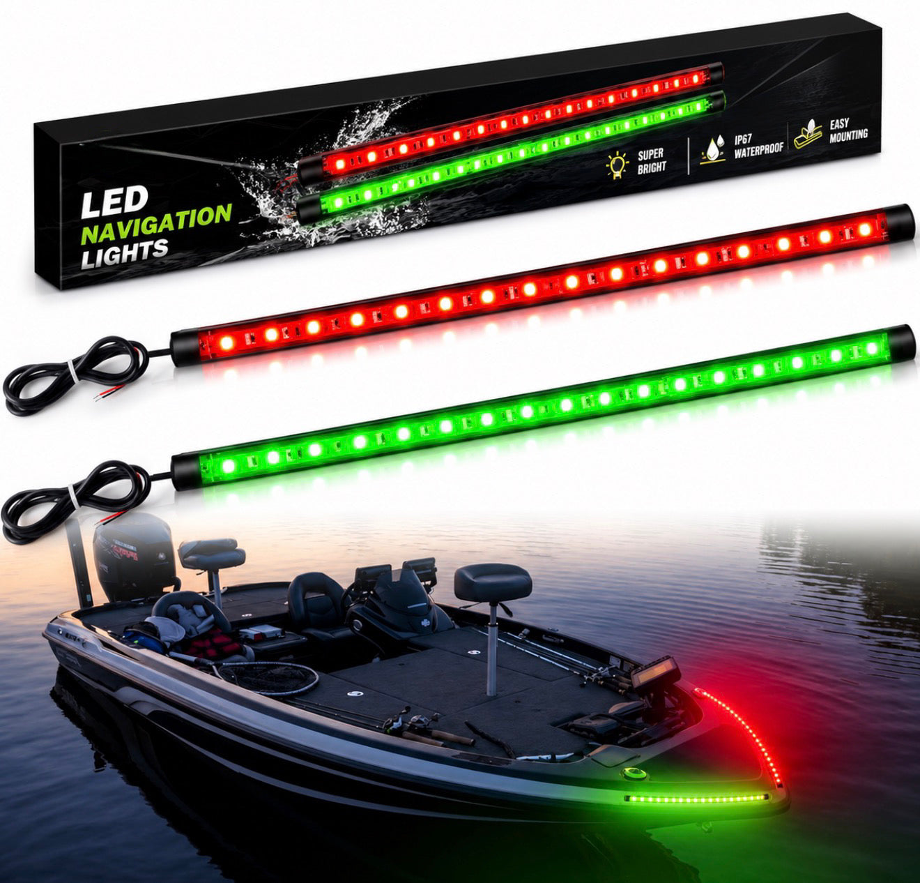 Ultimate LED Boat Combo Kit – 2 Front Nav Lights + 4FT LED Whip Light