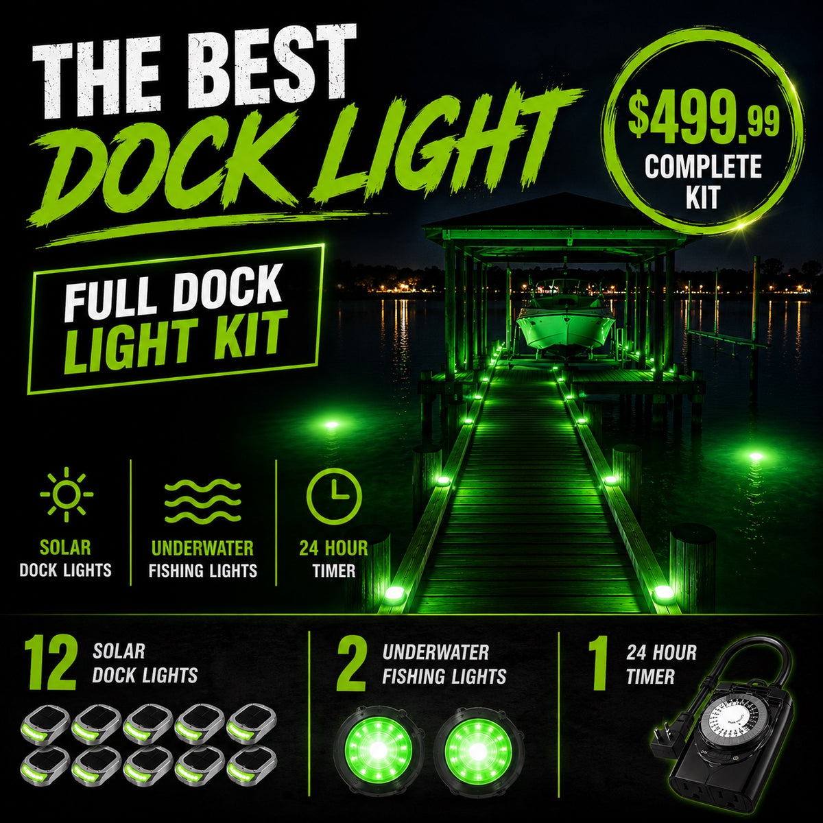 Complete green dock light kit with 12 solar dock lights, 2 underwater fishing lights, and 24-hour timer